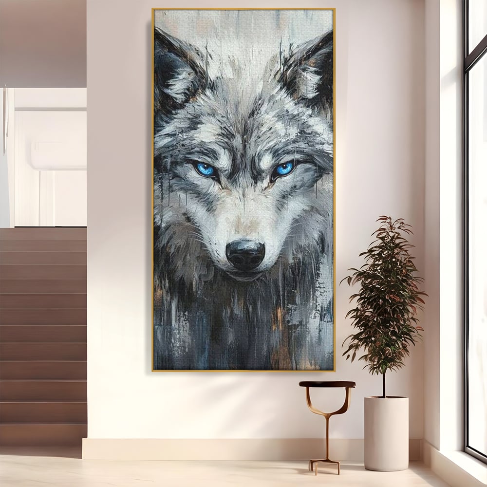 Tablou canvas cu tablou canvas cu portret de lup, in rama de aluminiu auriu